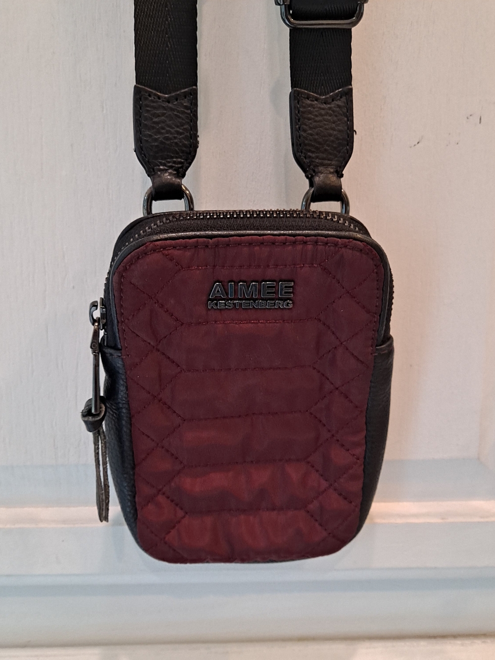 Aimee Kestenberg Burgundy Quilted Nylon Crossbody Phone Bag Black Leather Trim